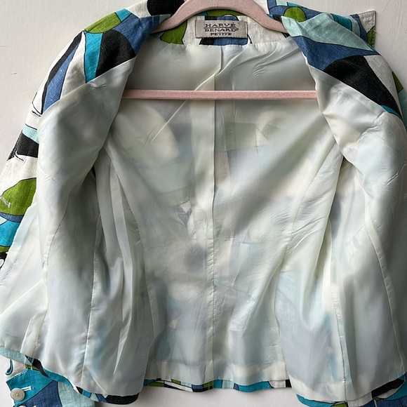 Vintage Linen Harve Benard Jacket Petite Geometric Pattern Blue Green Turquoise - Picture 7 of 8